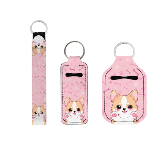 Suobstales Corgi Dog Print Travel Keychain Holders Kits, Travel Bottle Chapstick Lanyard Keychain Holders Set Neoprene Balm Holders Pouch Makeup Storage Organizer, Set of 3