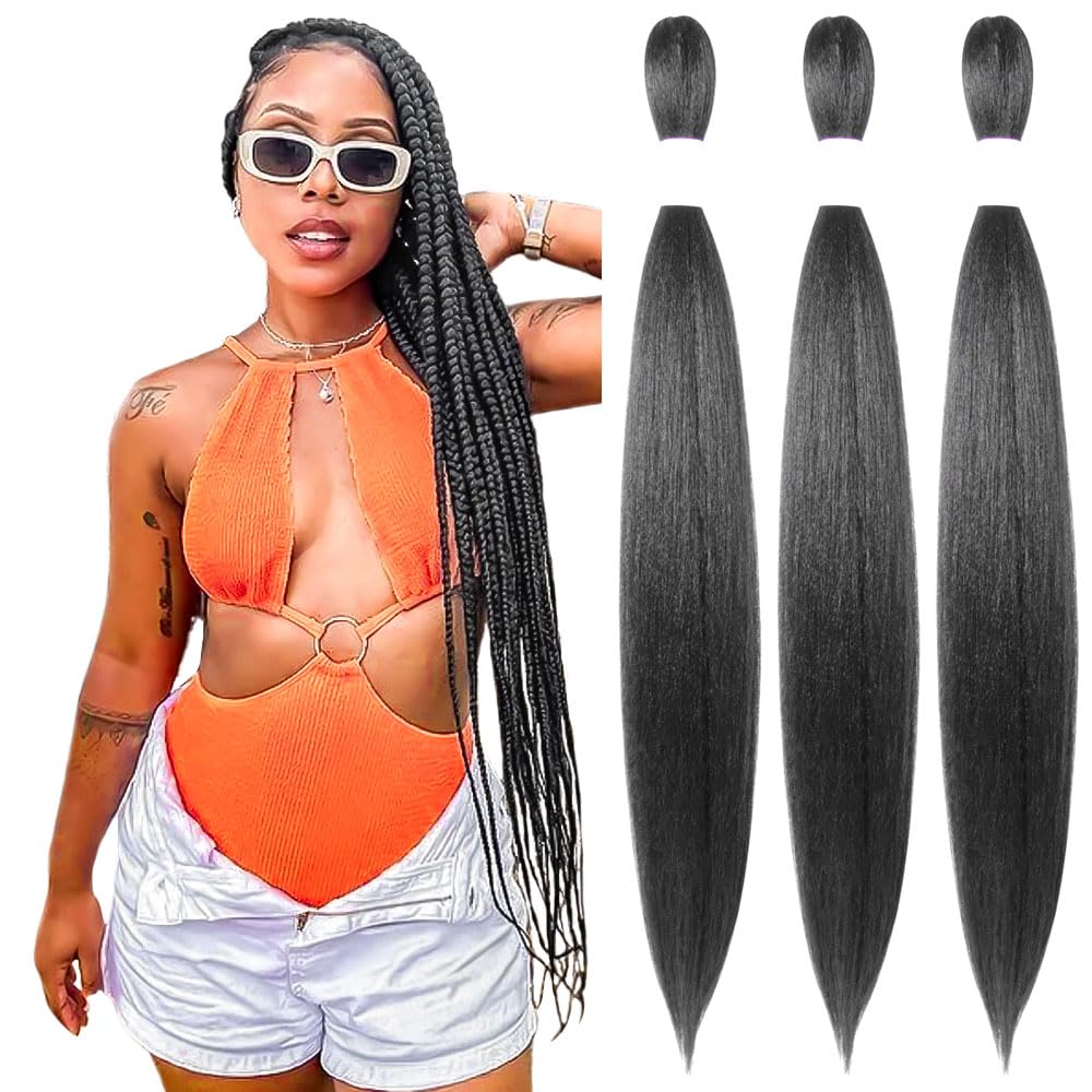 KAVSORAPI Braiding Hair 30 Inch Pre Stretched Hair Color 2 Long Straight Crochet Braids Yaki Texture Synthetic Hair 3 Packs (2#/Off Black)