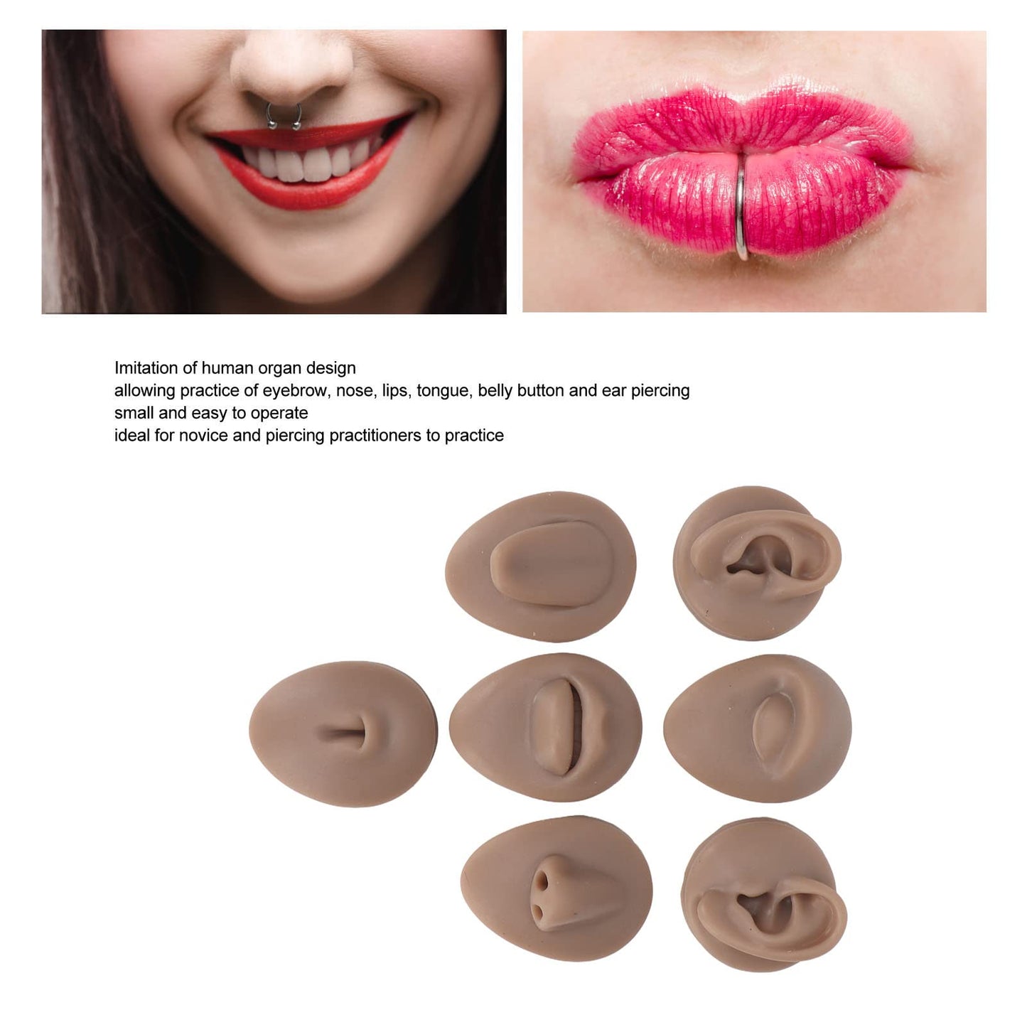 Soft Silicone Flexible Model Body Part Displays Set, Body Piercing Practice Model Simulation Ear Eye Nose Mouth Tongue and Belly Button Model for Novice Piercer (Dark Skin Colour)