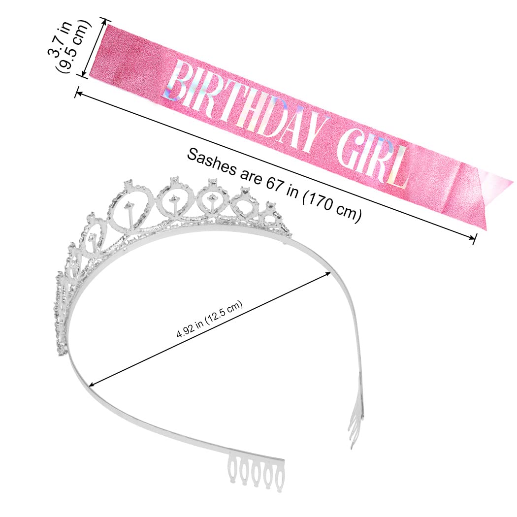 Birthday Crown, Didder Pink Birthday Girl Sash & Rhinestone Tiara Set, Birthday Tiara Birthday Crowns for Women Birthday Sash and Tiaras for Women Girls Birthday Gifts Party Accessories