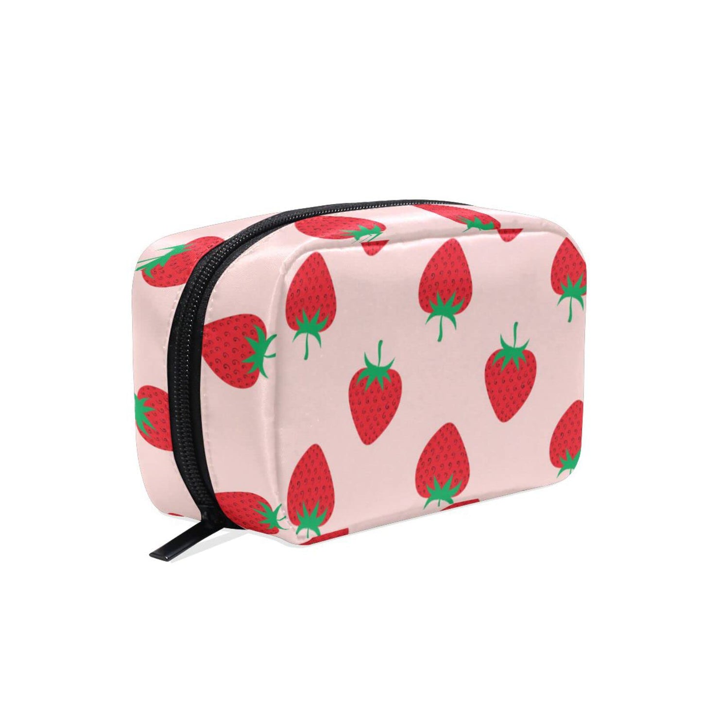 JHKKU Makeup Bag Strawberry Print Square Cosmetic Bag Portable Travel Toiletry Bag Black Zipper Storage Bag for Women