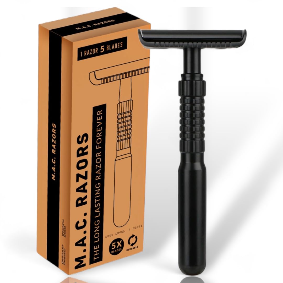 M. A. C.® Matte Black Double Edge Razor for Men & Women, Single Blade Razor, Long Handle Safety Razor with 5 Blades Smooth Reuseable & Eco Friendly