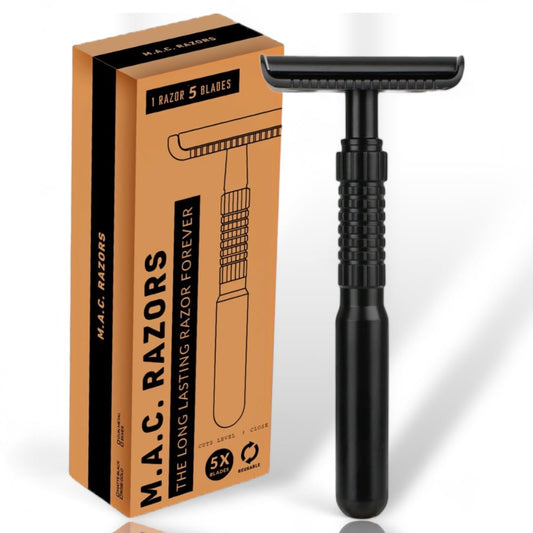 M. A. C.® Matte Black Double Edge Razor for Men & Women, Single Blade Razor, Long Handle Safety Razor with 5 Blades Smooth Reuseable & Eco Friendly