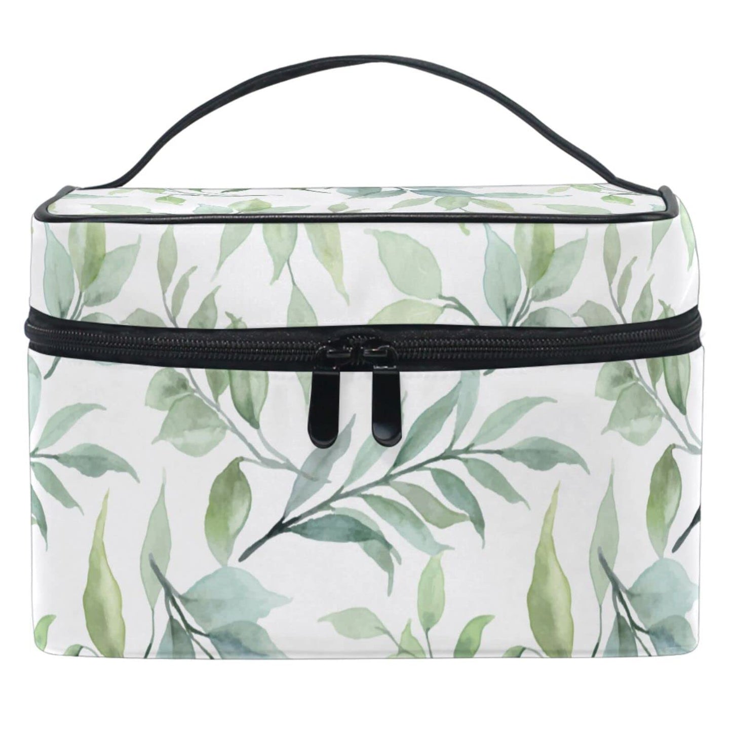 ZOEO Makeup Train Case Green Leaf Plant Summer Korean Carrying Portable Zip Travel Cosmetic Brush Bag Organizer Large for Girls Women