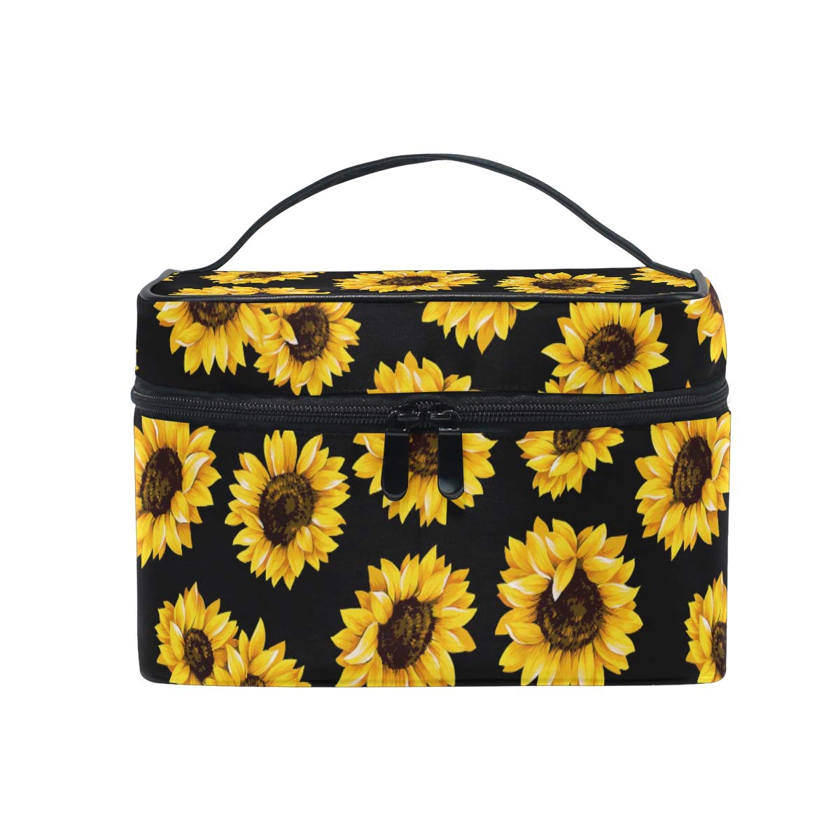 ZOEO Makeup Train Case Sunflower Black Pattern Korean Carrying Portable Zip Travel Cosmetic Brush Bag Organizer Large for Girls Women