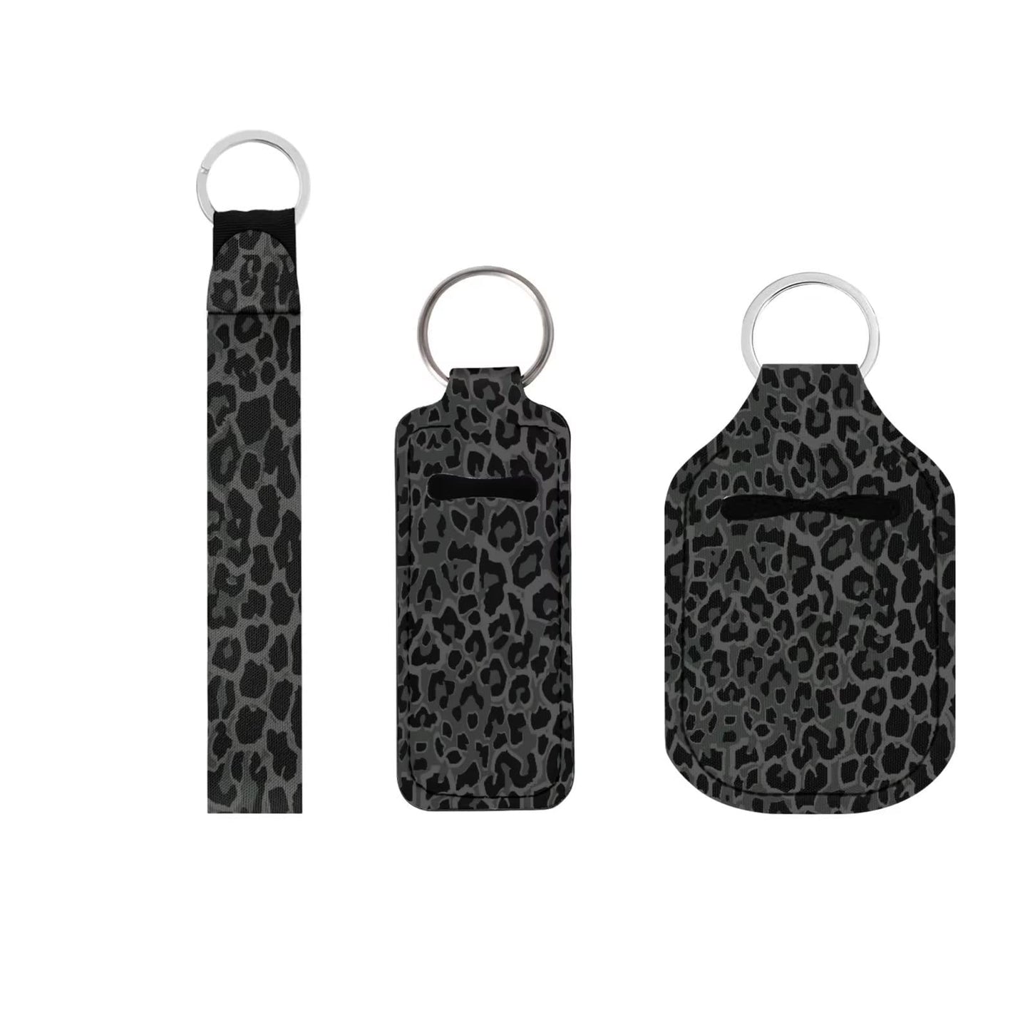 Suobstales 3 Pieces Keychain Holders Kits, Black Leopard Print Chapstick Keychain Holder+Bottle Holder Keychains+Wristlet Keychains Lanyard for Women Gifts Travel Outdoor Supplies