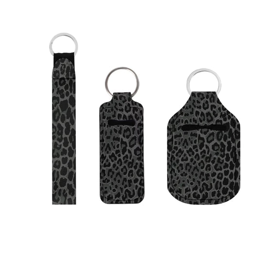 Suobstales 3 Pieces Keychain Holders Kits, Black Leopard Print Chapstick Keychain Holder+Bottle Holder Keychains+Wristlet Keychains Lanyard for Women Gifts Travel Outdoor Supplies