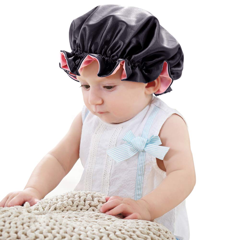 sent hair Kids Satin Bonnet Sleeping Cap, Adjustable Sleep Bonnet with Drawstring, Reversible Night Caps for 0-3 Years Old Kids/Child/Baby/Toddler (Double Layer Watermelon Red/Black)