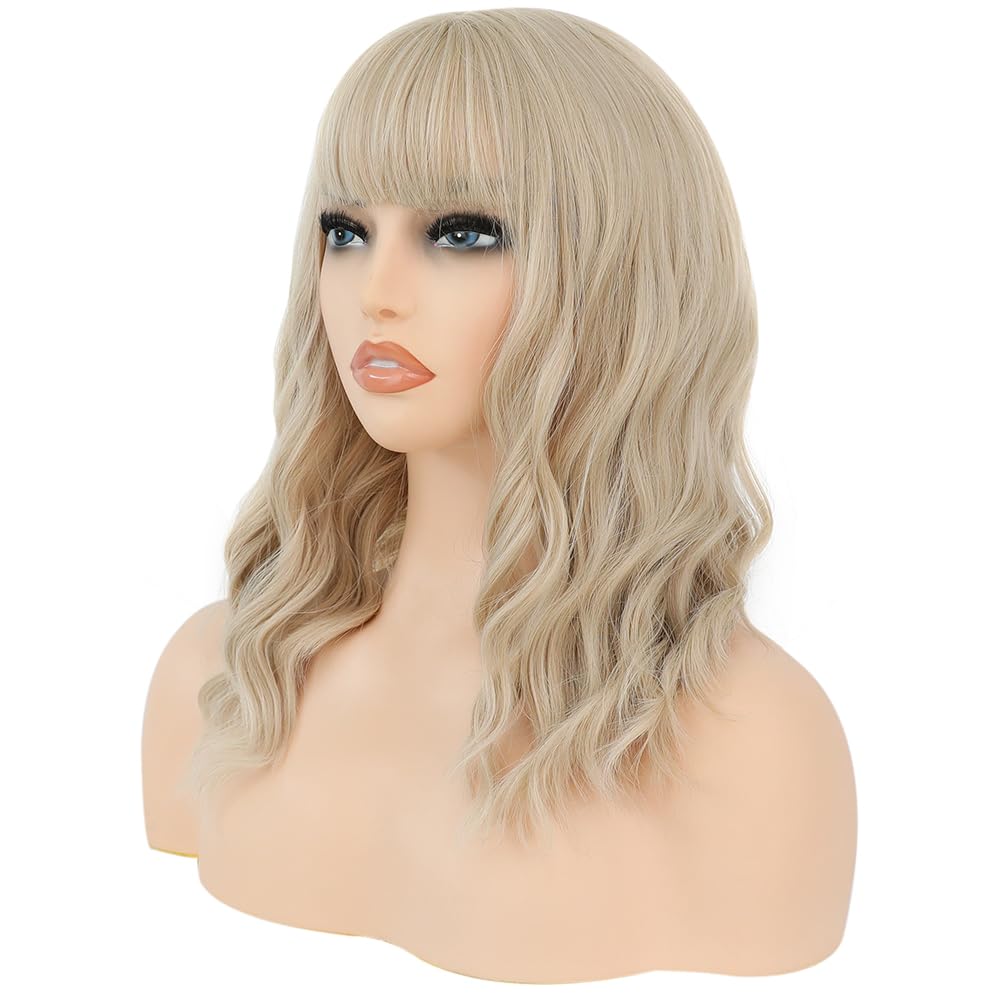 HUAISU Short Curly Hair Wig with Bangs Synthetic High Density Shoulder Length Bob Wavy Wig for Women One Piece Heat Resistant Fluffy Cosplay Wig(Blonde, 14inch)