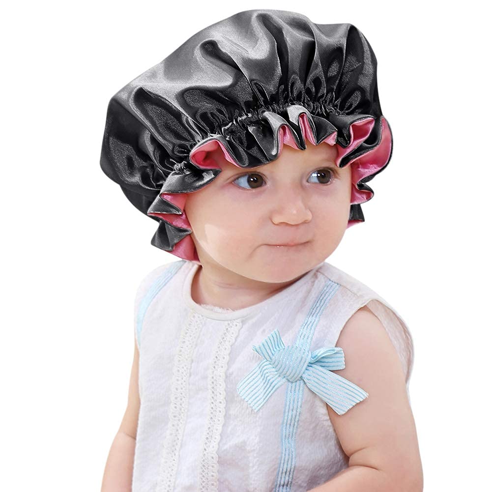 sent hair Kids Satin Bonnet Sleeping Cap, Adjustable Sleep Bonnet with Drawstring, Reversible Night Caps for 0-3 Years Old Kids/Child/Baby/Toddler (Double Layer Watermelon Red/Black)