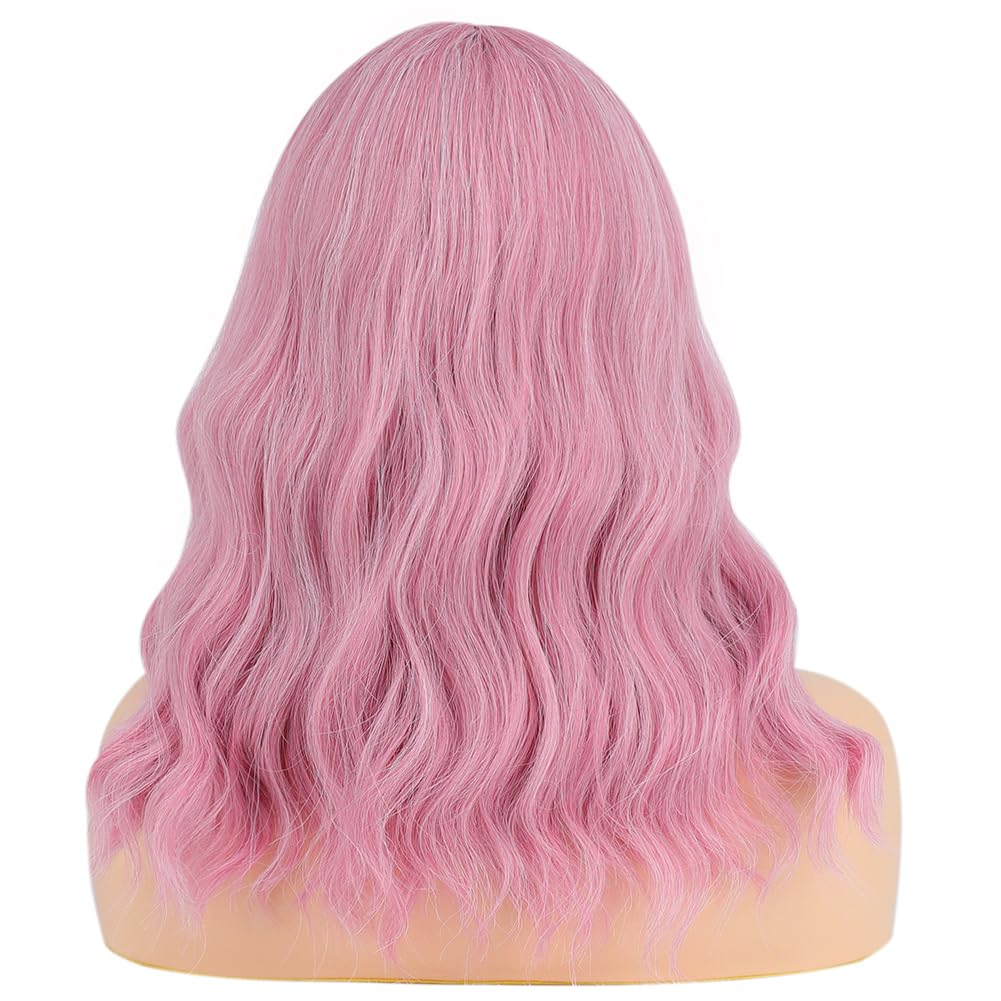 HUAISU Short Pink Curly Hair Wig with Bangs Synthetic High Density Shoulder Length Bob Wavy Wig for Women One Piece Heat Resistant Fluffy Cosplay Wig(Pink, 14inch)