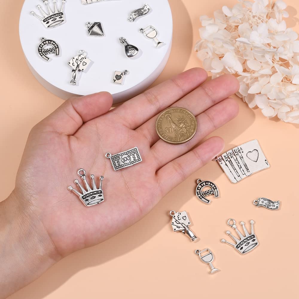 LiQunSweet 100Pcs 10 Style Gambling Game Charms Cash Playing Cards Casino Chip Money Dollars Charm for Jewelry Making