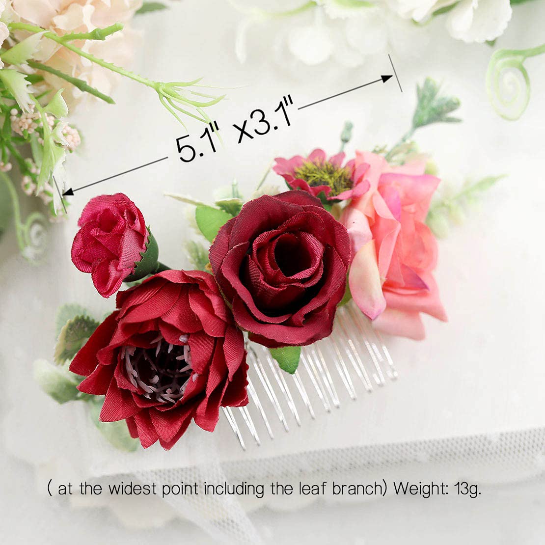 Fangsen Wedding Flower Hair Comb Bridal Flower Hair Clip Floral Hair Accessories for Women and Girls (Red)