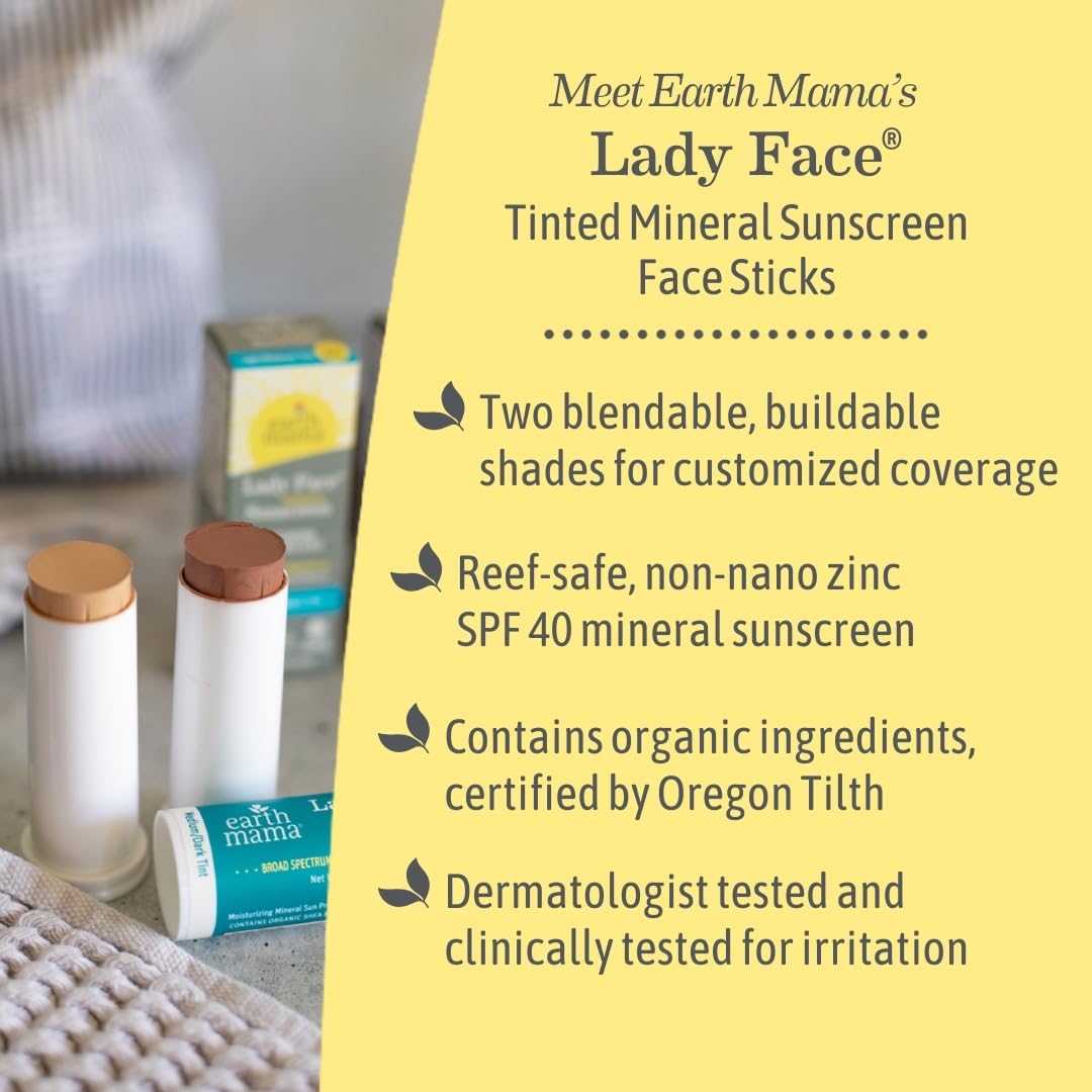 Earth Mama Lady Face® Tinted Mineral Sunscreen Stick SPF 40 Set |Contains Certified Organic Shea and Coca Butter | Foundation + Concealer + Contour, Blends with Most Skin Tones, 2-Pack