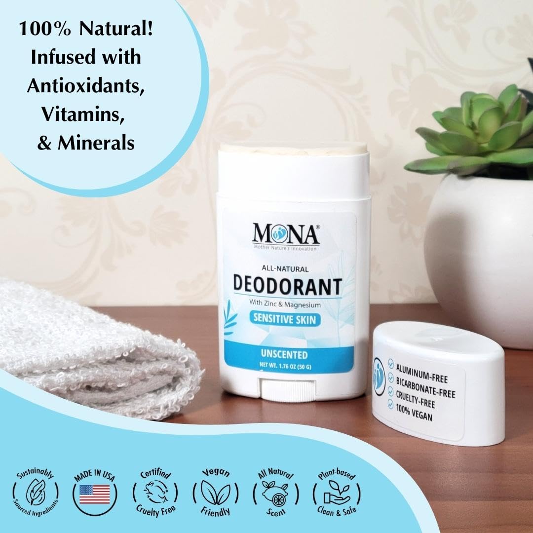 MONA BRANDS All Natural Deodorant For Women & Men | For Sensitive Skin | No Aluminum or Baking Soda | (2-Pack UNSCENTED 1.76 Oz each)