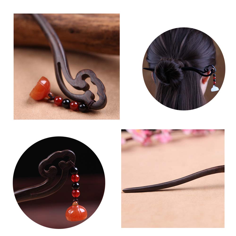 TOP SEWING Chinese Jade Retro Handmade Wooden Hairpin Classical Red Lotus Hair Sticks Headdress Hair Chopsticks for Long Hair Party Daily