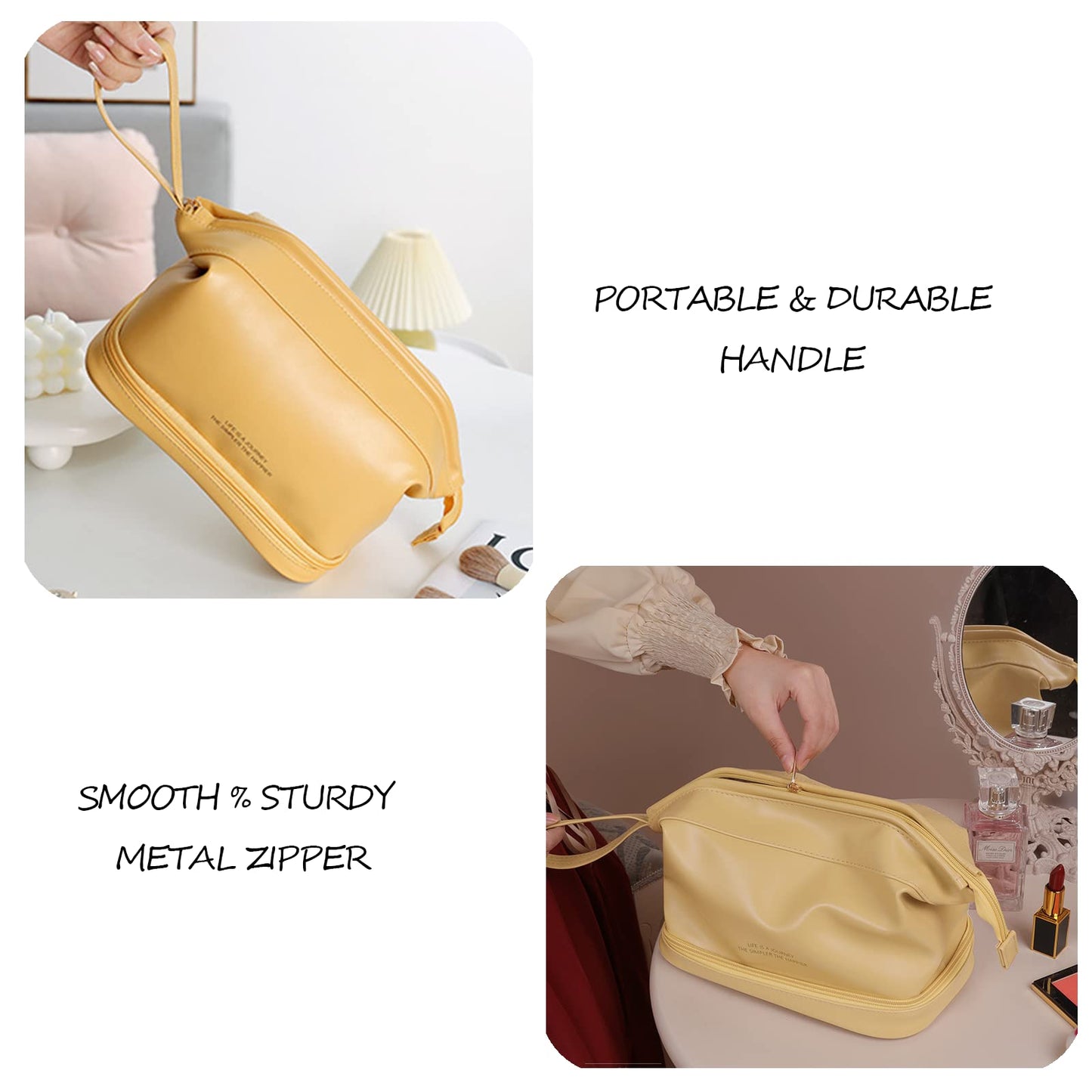 AUSEKALY Makeup Bag Travel Cosmetic Bag Double Layer Leather Toiletry Bag With Brush Bag For Women Girl High Capacity Make Up Bag Portable Waterproof Makeup Pouch Yellow