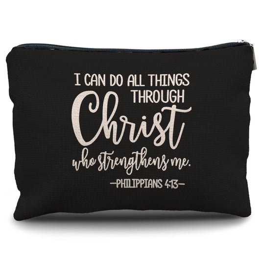 Nogrit I Can Do All Things Through Christ,Christian Black Makeup Bag,Christian Gifts for Women,Inspirational Gifts for Women,Bible Verse Scripture Philippians 4:13 Small Cosmetic Makeup Bag for Purse