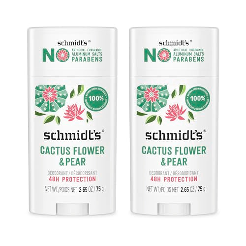 Schmidt's Aluminum-Free Vegan Deodorant Cactus Flower & Pear with 24-Hour Odor Protection, 2 Count for Women and Men, Natural Ingredients, Cruelty-Free, 2.65 oz