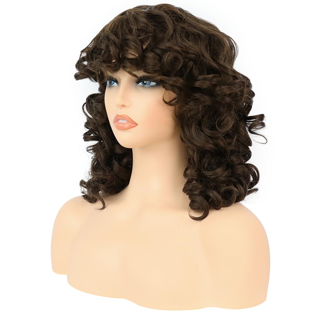 HUAISU Short Brown Curly Kinky Wig with Bangs Synthetic High Density Shoulder Length Deep Wave Density Wig for Women One Piece Heat Resistant Fluffy Cosplay Wig (Brown, 14inch)