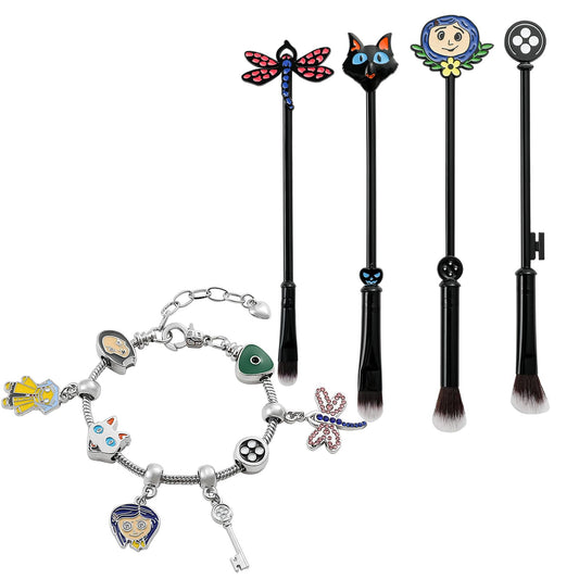 Halloween Coraline Makeup Brushes Bracelet Set Jewelry Punk Horror Movie Derivative Makeup Tools Jewelry Accessories Gifts for Women Girls Kitty The Dragonfly Key Pattern