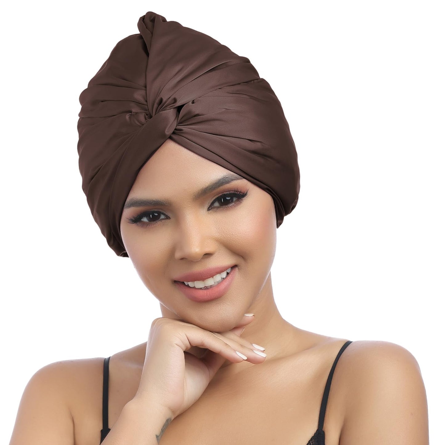 MBJERRY Satin Bonnet for Sleeping, Adjustable Knotted Hair Bonnets for Black Women Curly Natural Hair(Brown)