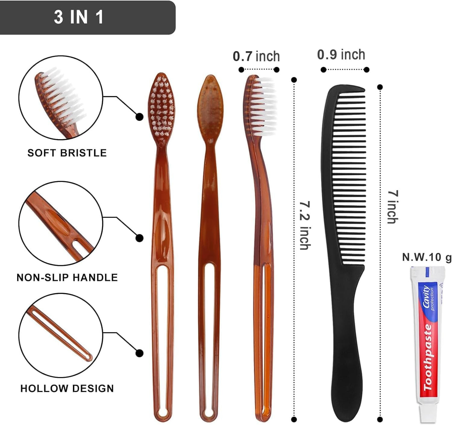 Gisdo 50 Pcs Disposable Toothbrushes with Toothpaste and Comb Individually Wrapped,10g Travel Toothpaste,7inch Black Hair Comb,Bulk Toothbrush for Hotel,AirBnb,Shelter,Charity