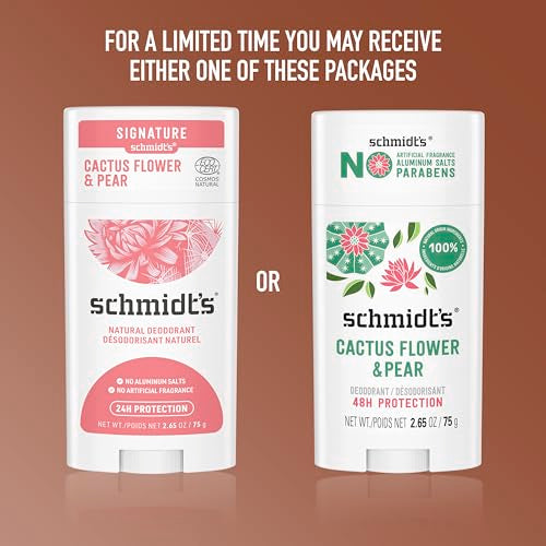 Schmidt's Aluminum-Free Vegan Deodorant Cactus Flower & Pear with 24-Hour Odor Protection, 2 Count for Women and Men, Natural Ingredients, Cruelty-Free, 2.65 oz