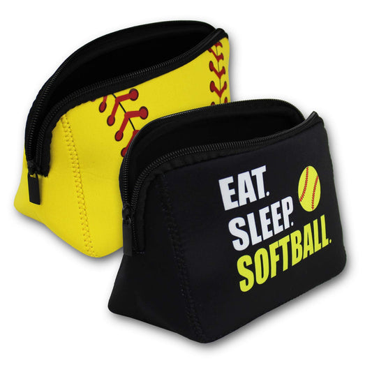 KNITPOPSHOP Baseball Softball Make Up Bag Cosmetics Toiletries Neoprene washable zipper women girls mom gift team player (Softball Combo 2 Pack)