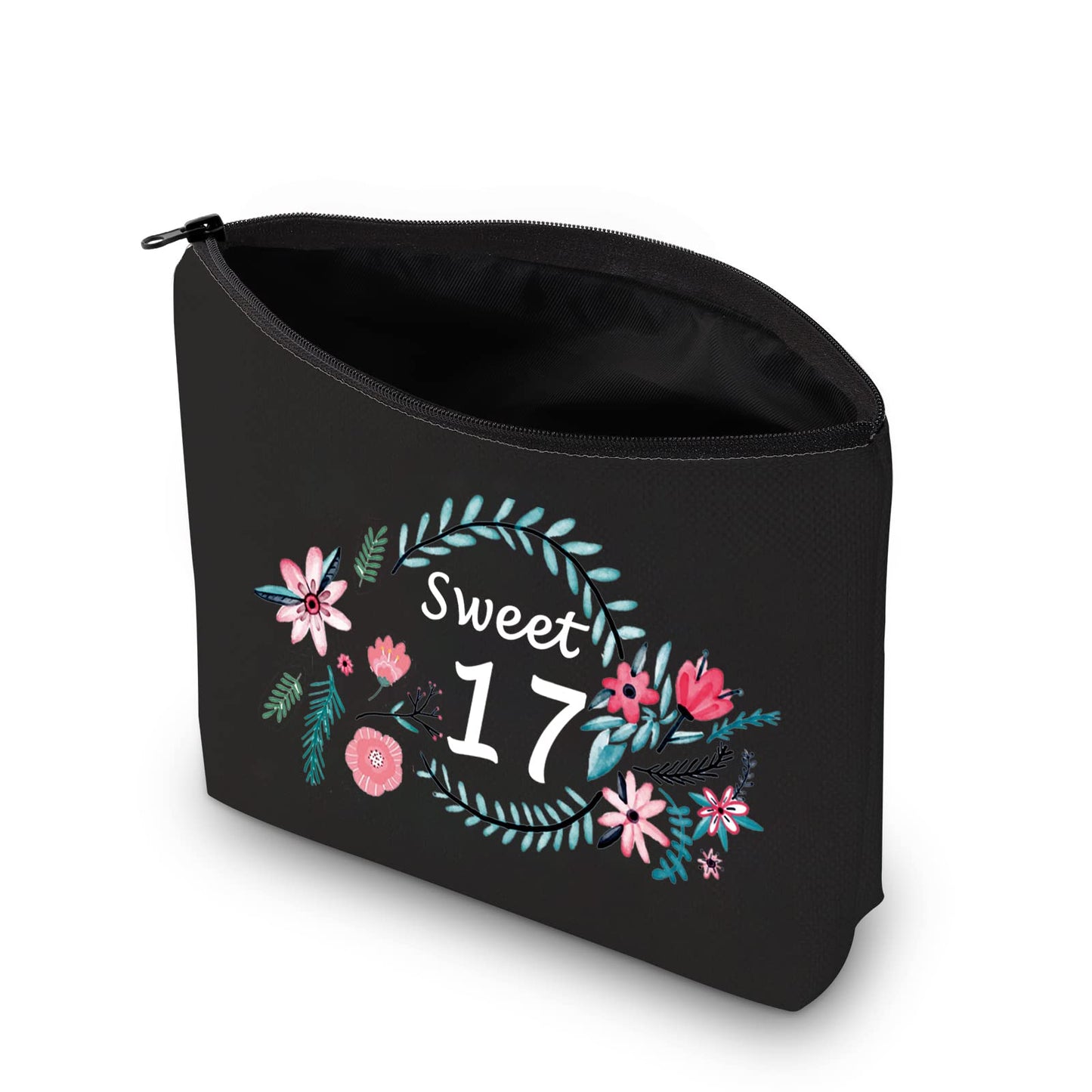 MBMSO Sweet 17 Makeup Bag Happy 17th Birthday Gift Bag 17 Year Old Girl Gifts Inspirational Gifts Black (Sweet 17 Makeup Bag Black)