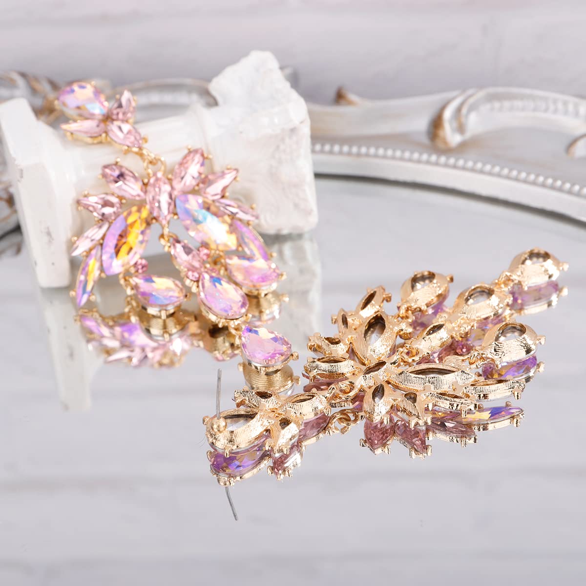 Xerling Pink Rhinestones Chandelier Tassel Drop Earrings for Women Iridescent Statement Teardrop Crystal Stud Earrings for Wedding Bling Bridal Earrings Dangling (Pink)