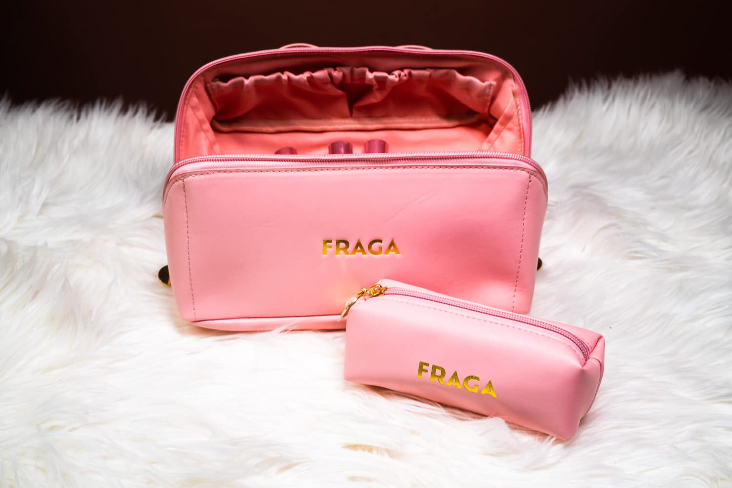 FRAGA 2 in 1 New Model Makeup Bag, Waterproof Cosmetic Bag, with Large Capacity, Skin Care Organizer for Travel, Easy to Clean (Pink)