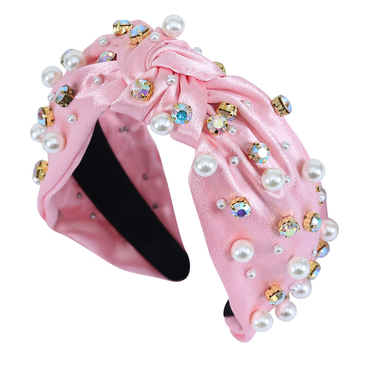 FEDANS Rhinestone headband Jeweled Headband for Women Crystal Pearly Embellished Pink Hairband Fashion Satin Hair Accessories in Spring Summer