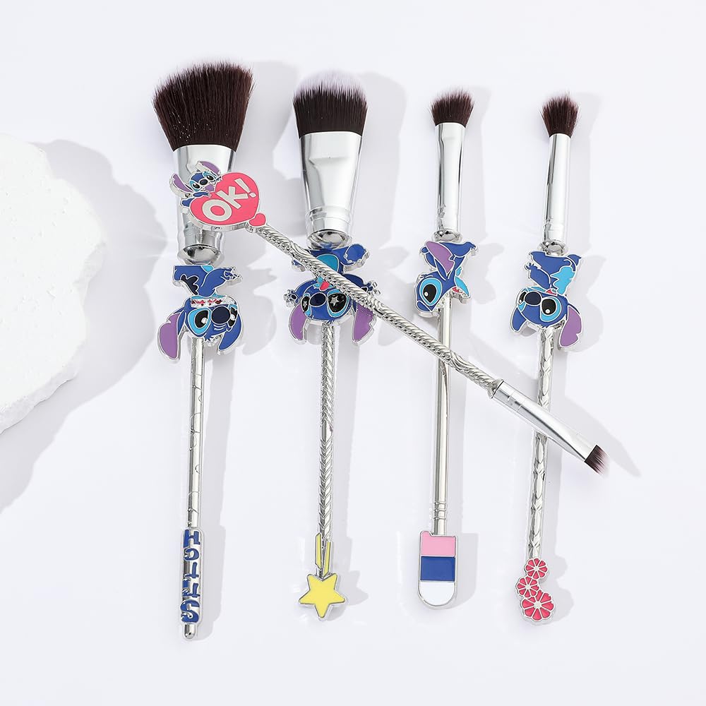 Adorable Stitch Theme Makeup Brushes Set - Cartoon Design with 5 Essential Brushes - Complete with Blue Makeup Brush Bag