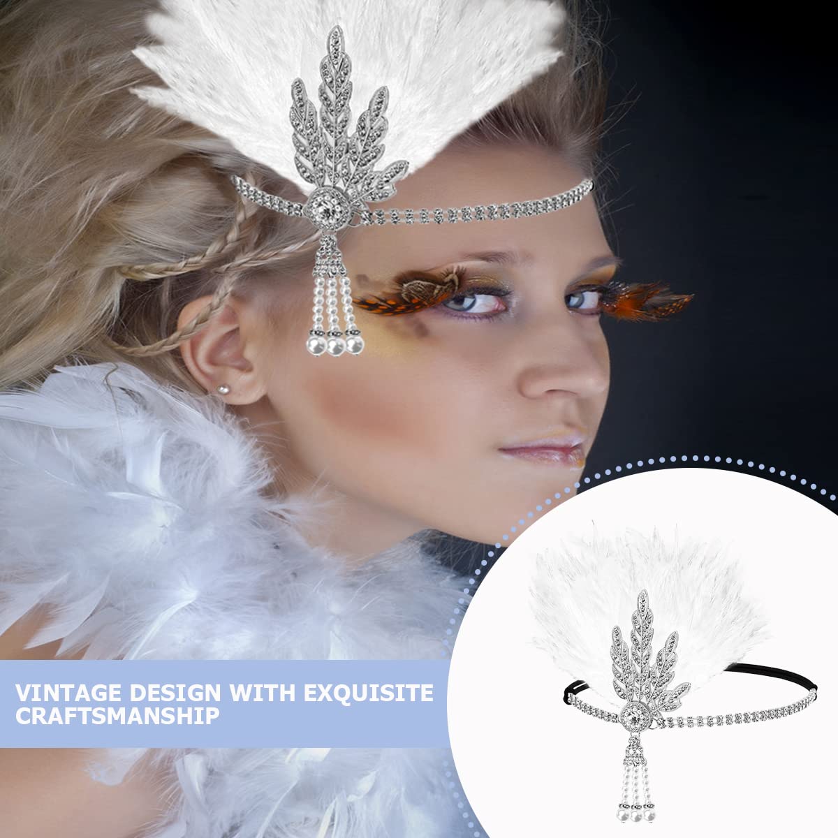 FERCAISH 1920s Flapper Headband, Roaring 20s White Feather Crystal Headband Bachelor Party Feather Headband, Great Hair Accessories for Women (White)