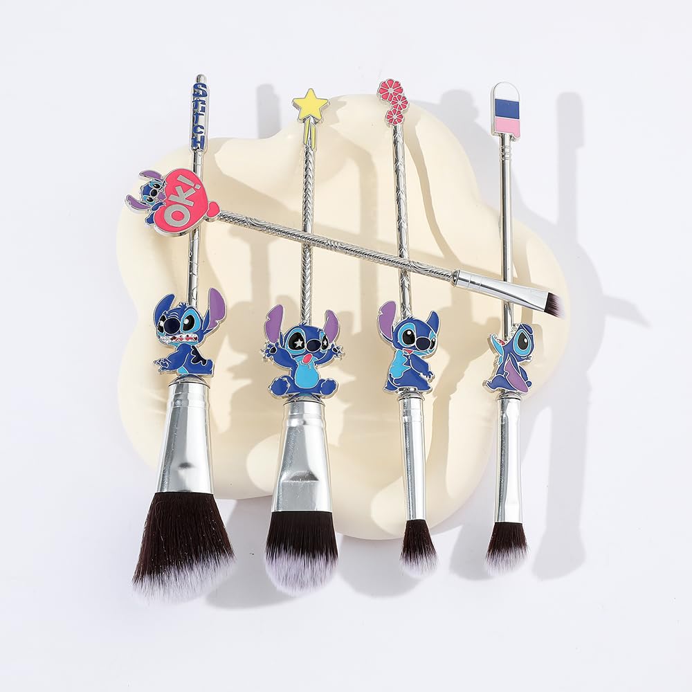 Adorable Stitch Theme Makeup Brushes Set - Cartoon Design with 5 Essential Brushes - Complete with Blue Makeup Brush Bag