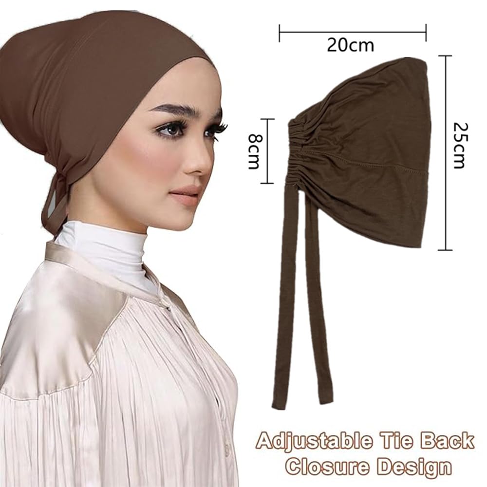 Hophor Women Under Scarf Hat Hijab Cap with Tie-Back Closure Hijab Caps Under Scarf for Women(Black+Khaki)