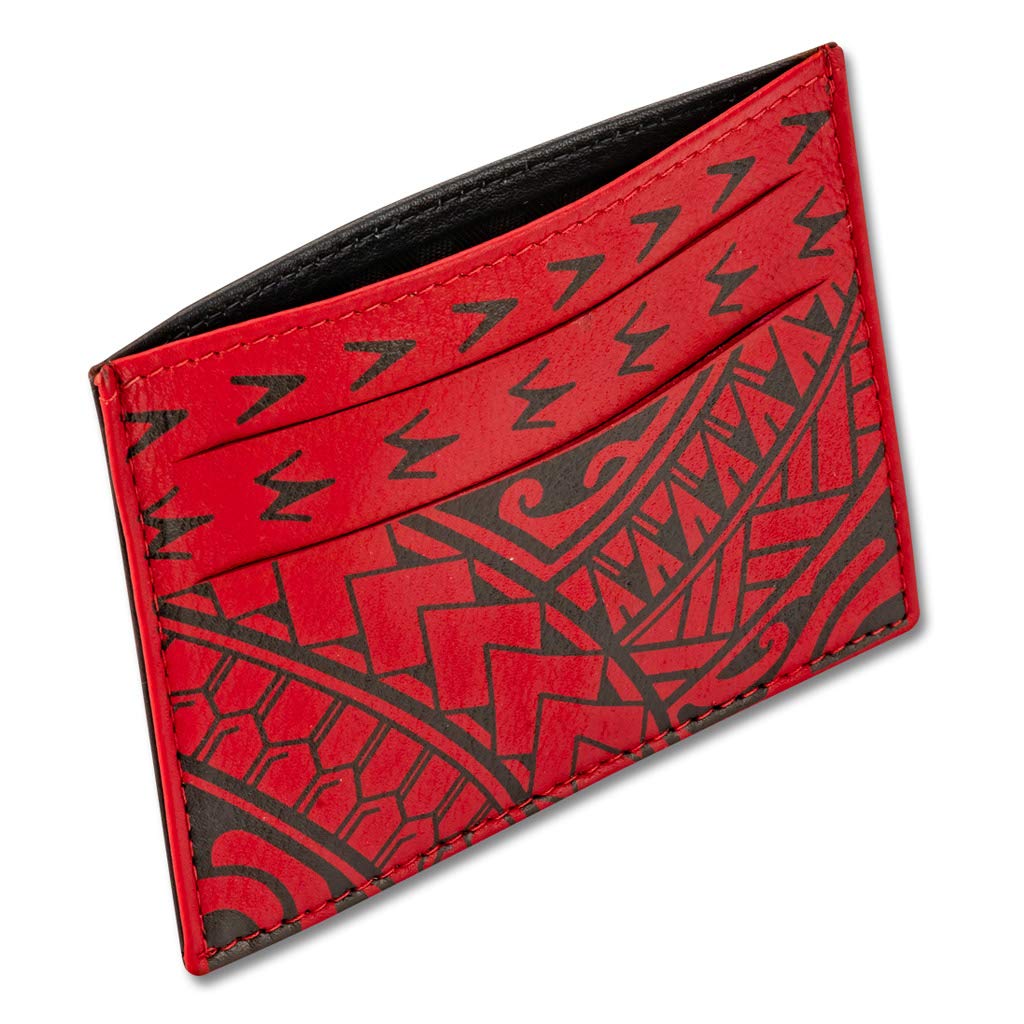 Polynesian Tattoo Leather Credit Card Holder Super Slim Wallet "Hiku" with Tribal Tattoo art by Eugene Ta’ase (Red) from NAKOA