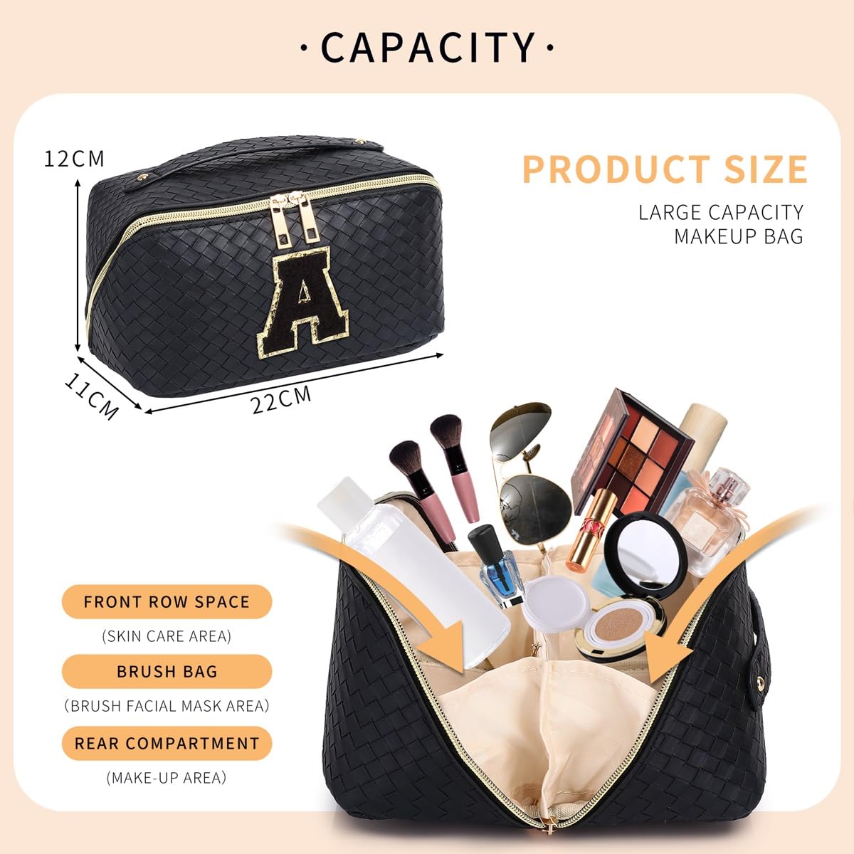 LOFOWN Makeup Bag Large Capacity Travel Cosmetic Bag Waterproof Portable PU Leather Makeup Bag with Divider (Black, J)