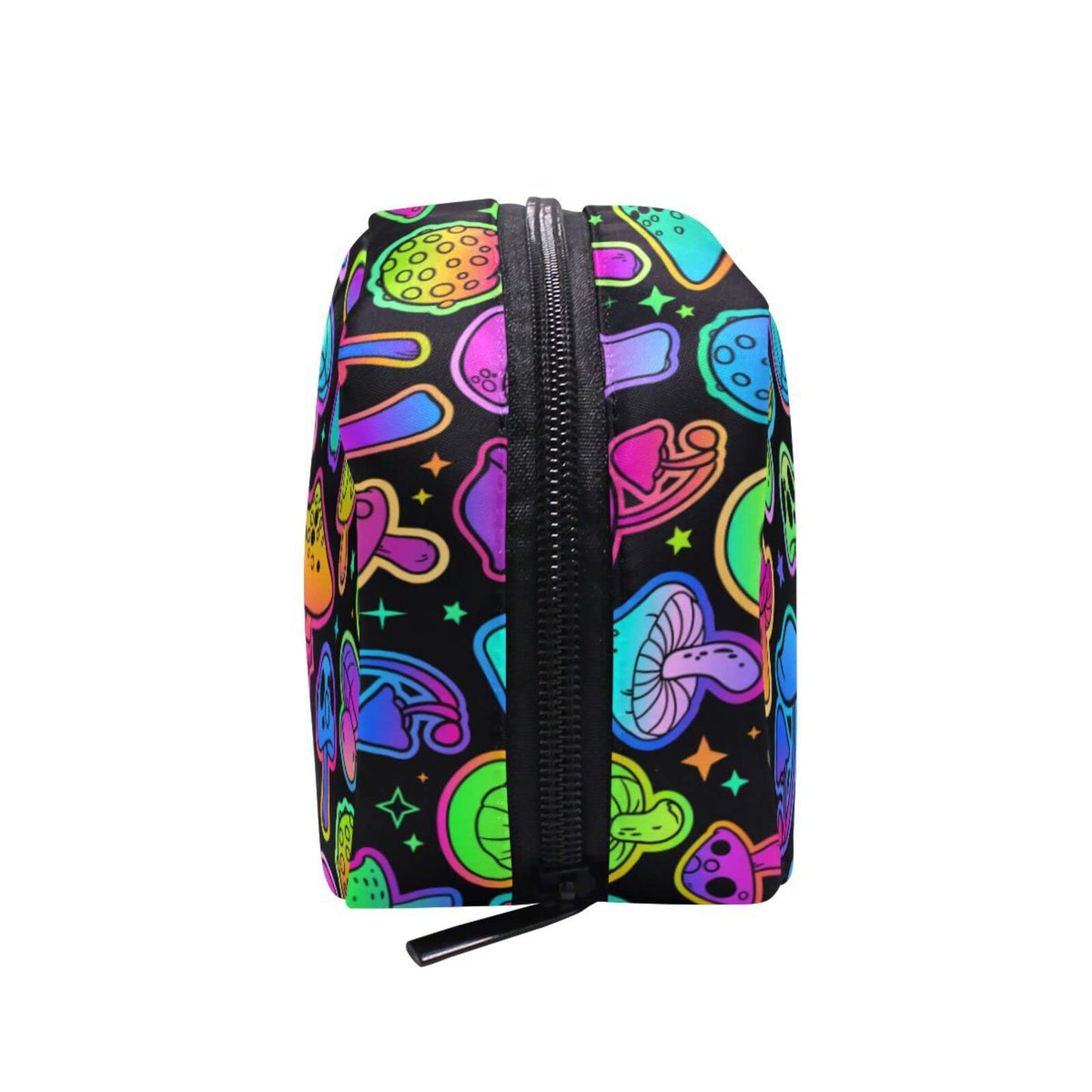 JHKKU Makeup Bag Colorful Mushrooms Square Cosmetic Bag Portable Travel Toiletry Bag Black Zipper Storage Bag for Women