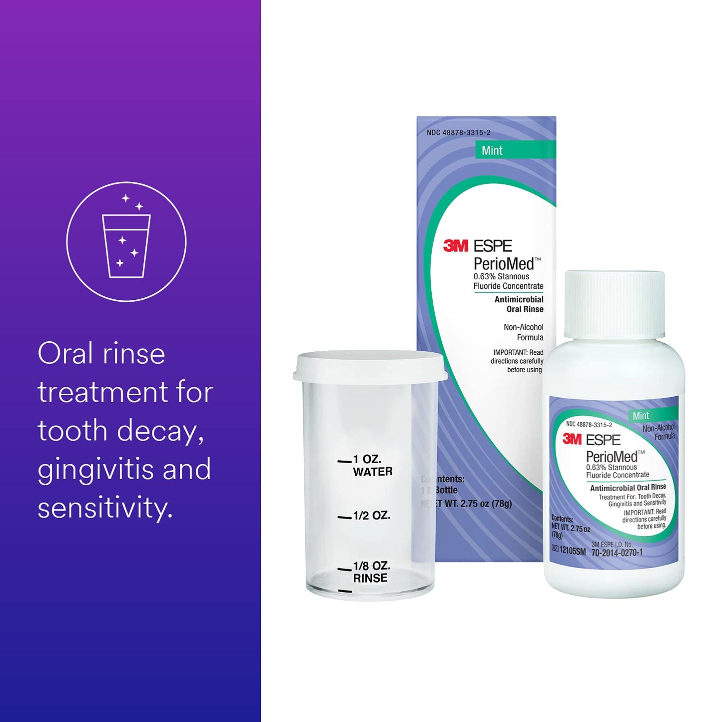 3M 70201402701 PerioMed Stannous Fluoride Oral Rinse with Mixing Cups, 0.63%, Concentrate, Mint, 2.75 oz. Bottle