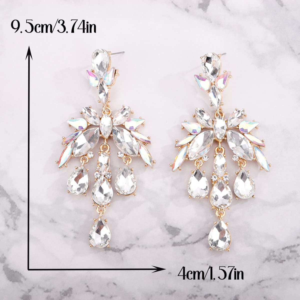 Xerling White Rhinestones Chandelier Tassel Drop Earrings for Women Statement Teardrop Iridescent Crystal Stud Earrings for Wedding Bling Bridal Earrings Dangling (White)