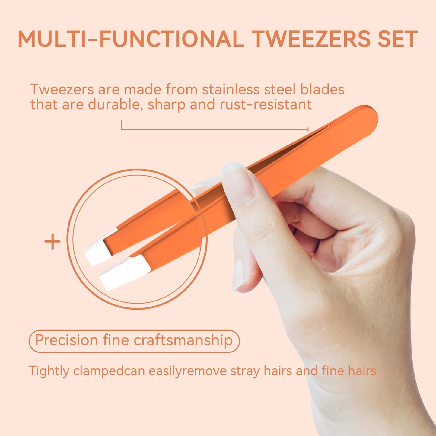 6 Pcs Tweezer Set, Tweezers Set for Women, Precision Tweezer for Eyebrows with Curved Scissors, Eyebrow Grooming Kit for Ingrown Hair with Leather Case, Orange