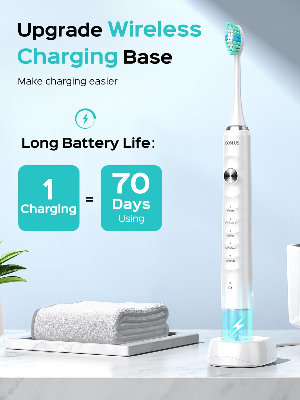 COSLUS Electric Toothbrush for Adults and Kids: Wireless Rechargeable Tooth Brush for Kid Ages 12+ and Adult with Portable Travel Case, 5 Modes 47000 VPM Power Toothbrushes 6 Brush Heads White