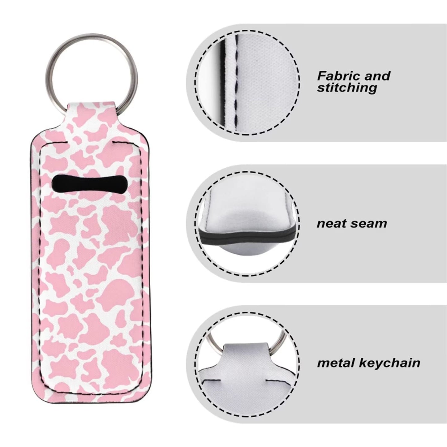 Suobstales 3 Pieces Travel Bottle Keychain Holders Set Cow Print Chapstick Holder Keychain Wristlet Lanyards Pink Travel Makeup Accessories for Women Girls