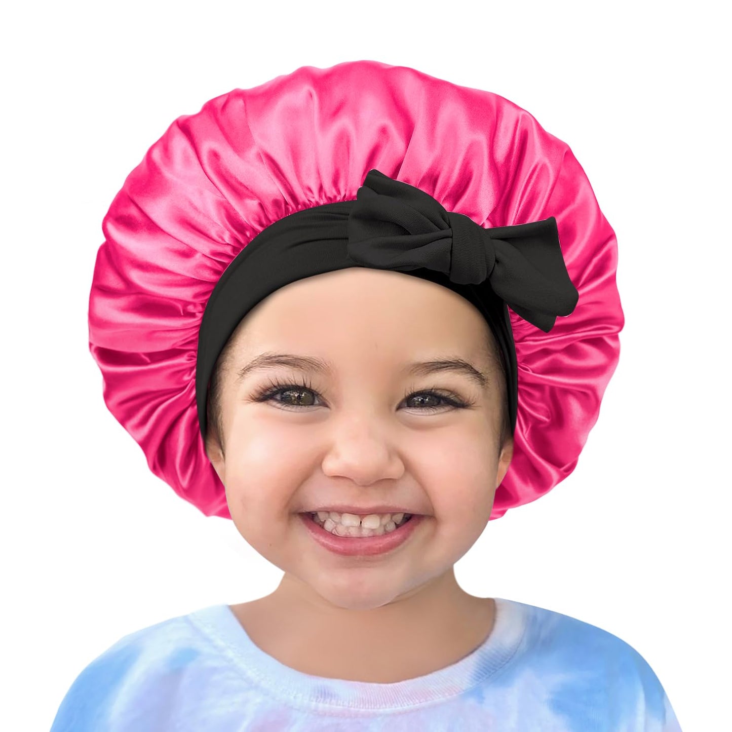 Satin Bonnet Silk Hair Cap: 2pcs Kids Bonnets with Adjustable Tie Band for Baby Toddler Sleeping Hair Bonnets Sleep Comfortable No Slip-Off (Black & HotPink)