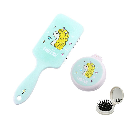 Detangling Hair Brush, Mini Pocket Hairbrush with Makeup Mirror Air Cushion for Toddler Girls Women, Unicorn Hair Brush Gift Set 2 PCS