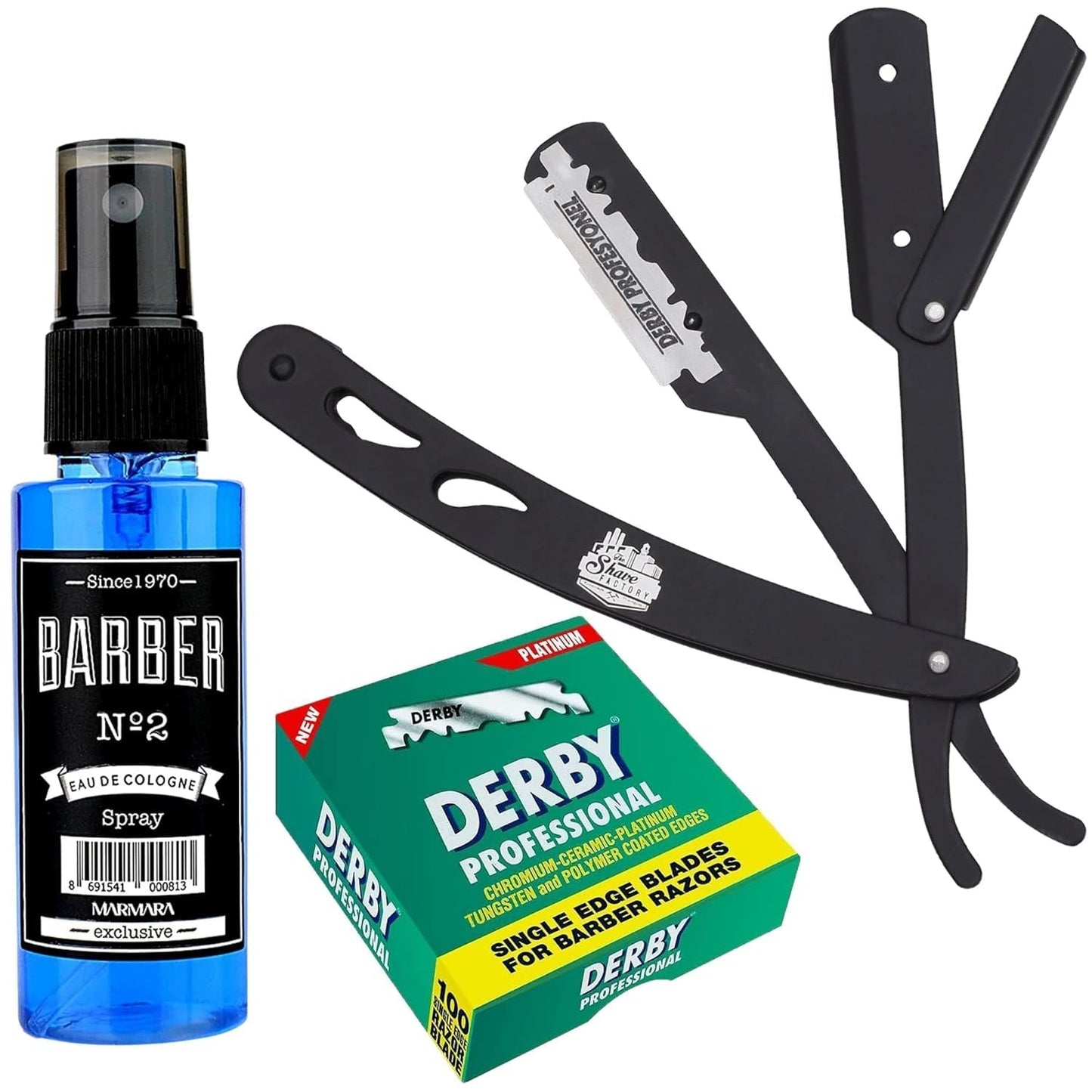 The Shave Factory Straight Edge Razor Kit (Black/Barber No2 Cologne 50ml / 100 Derby Professional Single Edge Razor Blades)