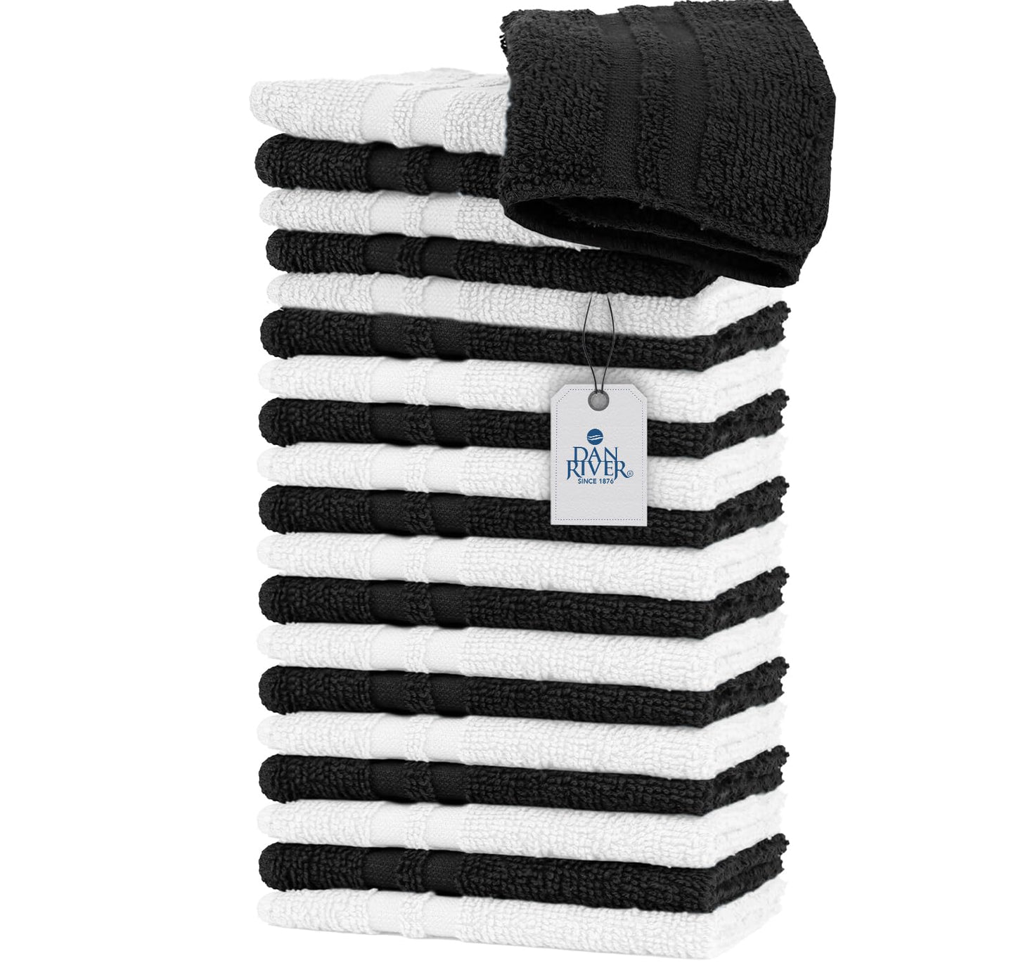 DAN RIVER 100% Cotton Washcloths 20 Pack Premium Quality Face and Body Cloth, Quick Dry Essential Towels for Bathroom, Hand, Kitchen & Cleaning, Baby Washcloths | 11X11 in | 400 GSM | Black+White