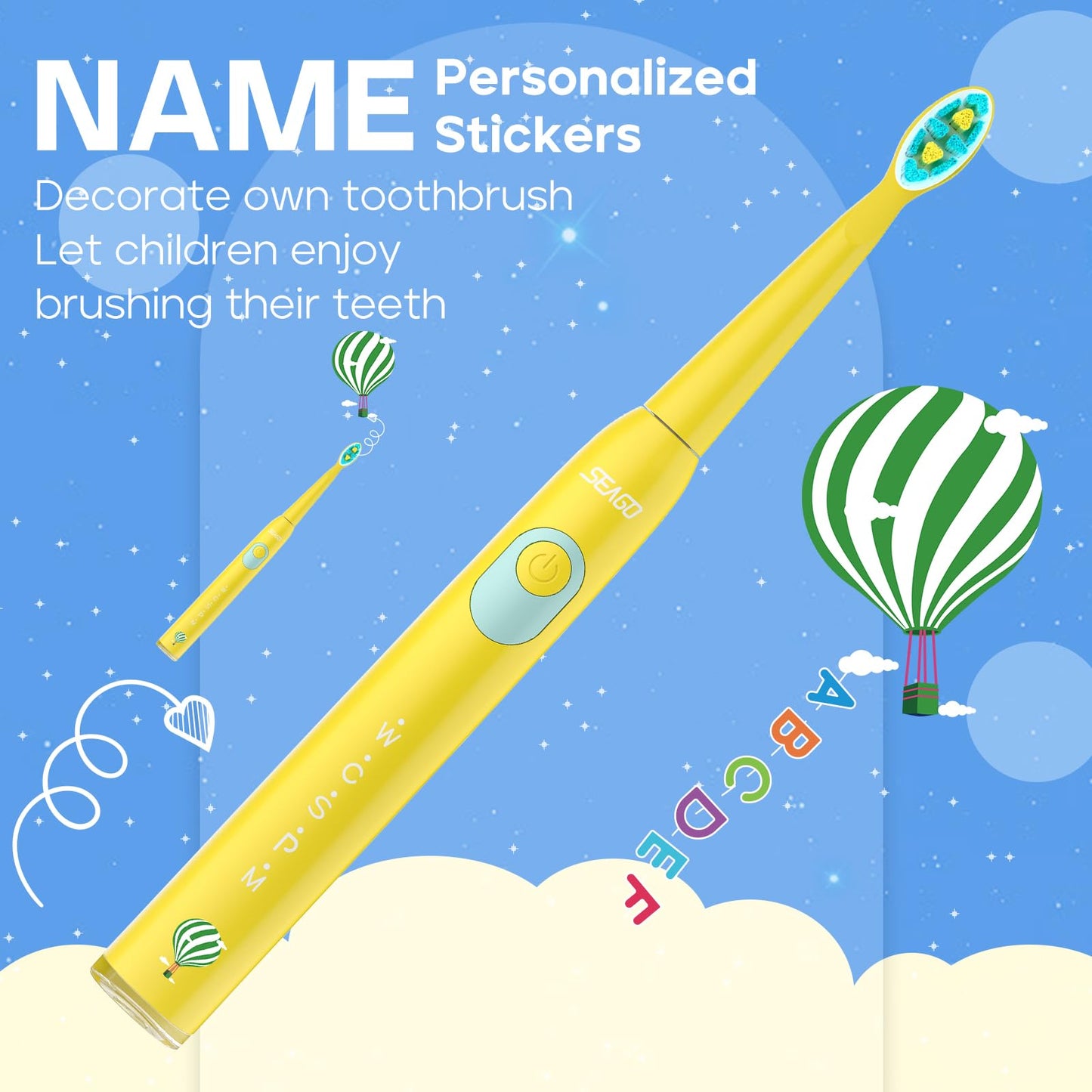 SEAGO Kids Electric Toothbrush, Rechargeable Sonic Soft Bristle Toothbrushes with 8 Brush Heads, DIY Stickers and 5 Modes, Ideal for Kids and Children, Ages 3–12(Yellow)